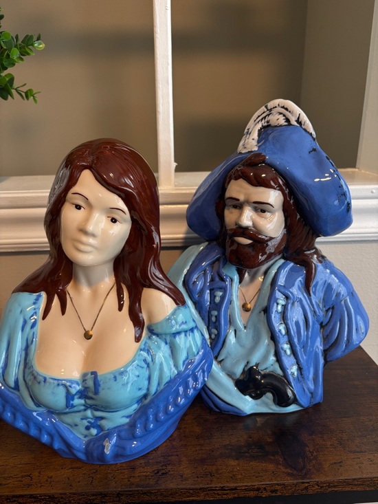 Vintage Other - Vintage Style Ceramic Bust Set Nautical Couple Blue Hand Painted Decor